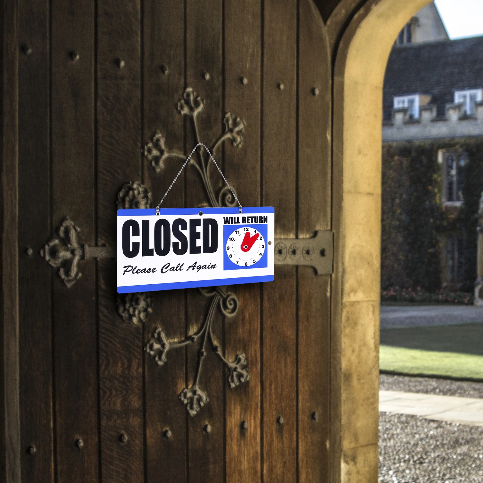 Sinal aberto e fechado Eagle, plástico, com corrente suspensa, lados duplos com relógio “Will Return”, 6X11,5 polegadas