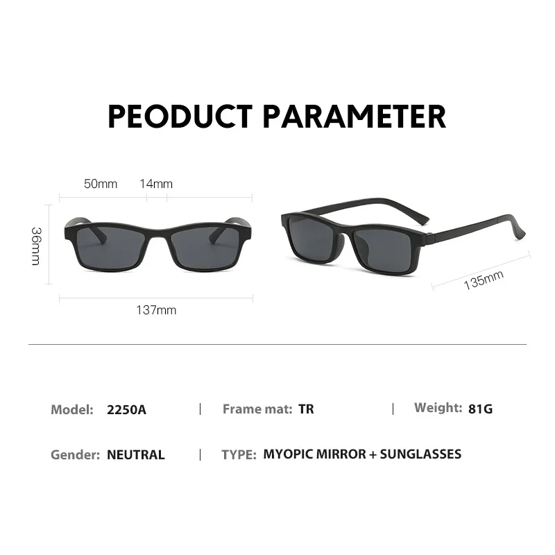 VCKA Small Square Myopia  Sunglasses Magnet Clips Men Women Polarized Glasses 6 In 1 Custom Prescription Drive Eyewear -0.5~-6.0