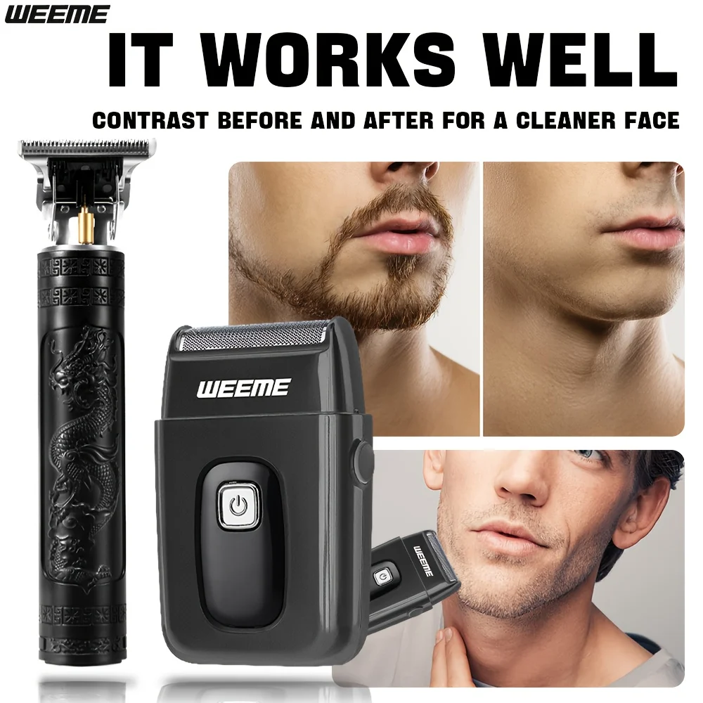 2pcs Men's Facial Hair Trimmer Kit, Electric Short Beard Shaver, Nose Ear Hair Trimmer for Grooming, Home Travel Use, Black Gold