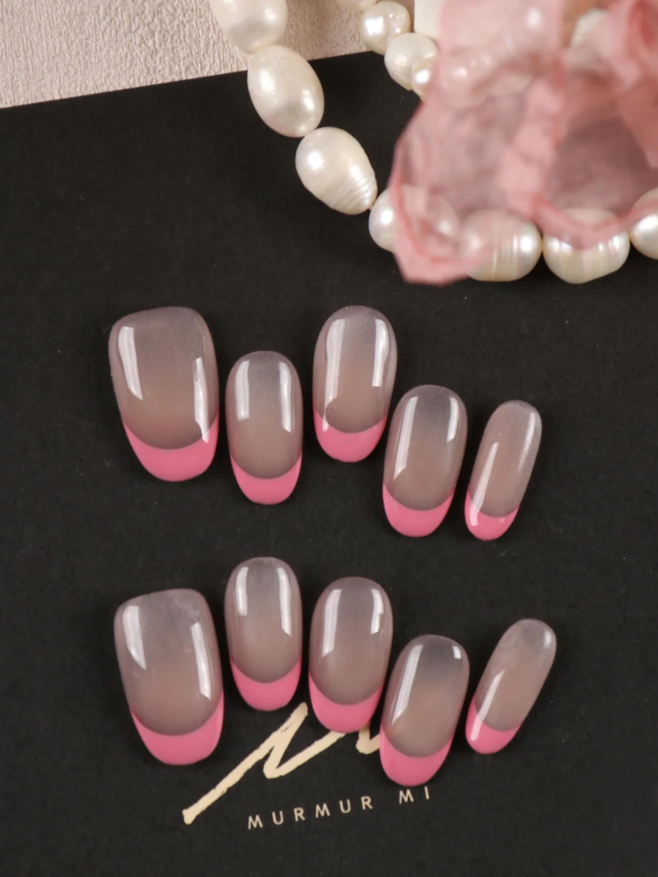 10 Stück Acryl Press-On Künstliche Nägel im Pink French Style mit Katzenaugen-Effekt, inklusive 1 Blatt Klebestreifen & 1 Mini-Feile