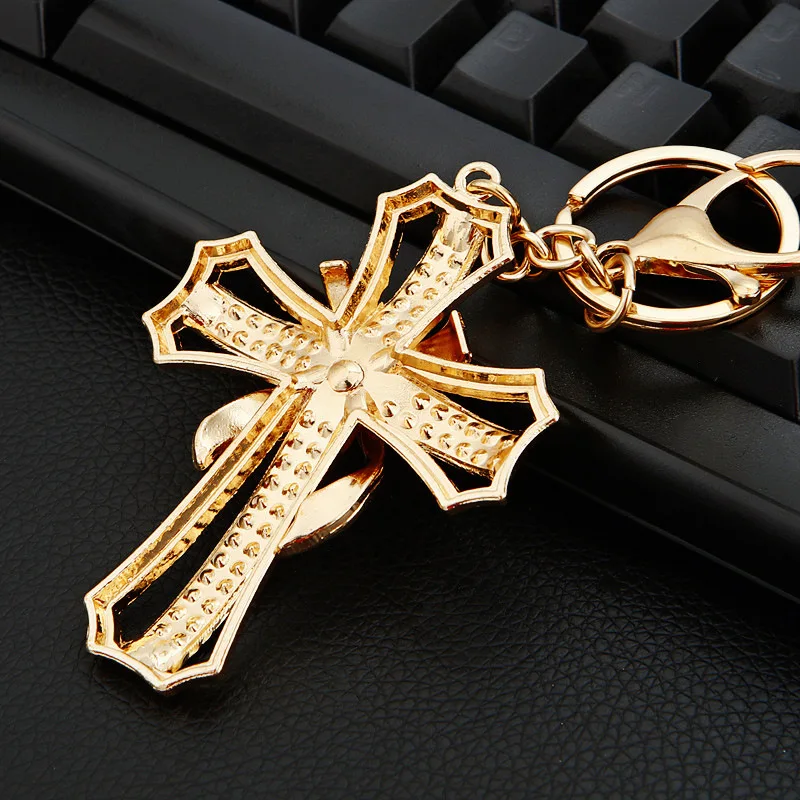 Catholic Cross Keychain for Women/Men Rhinestone Alloy Gold/Silver Color Religious Christ Keyring Bag Charm Jewelry