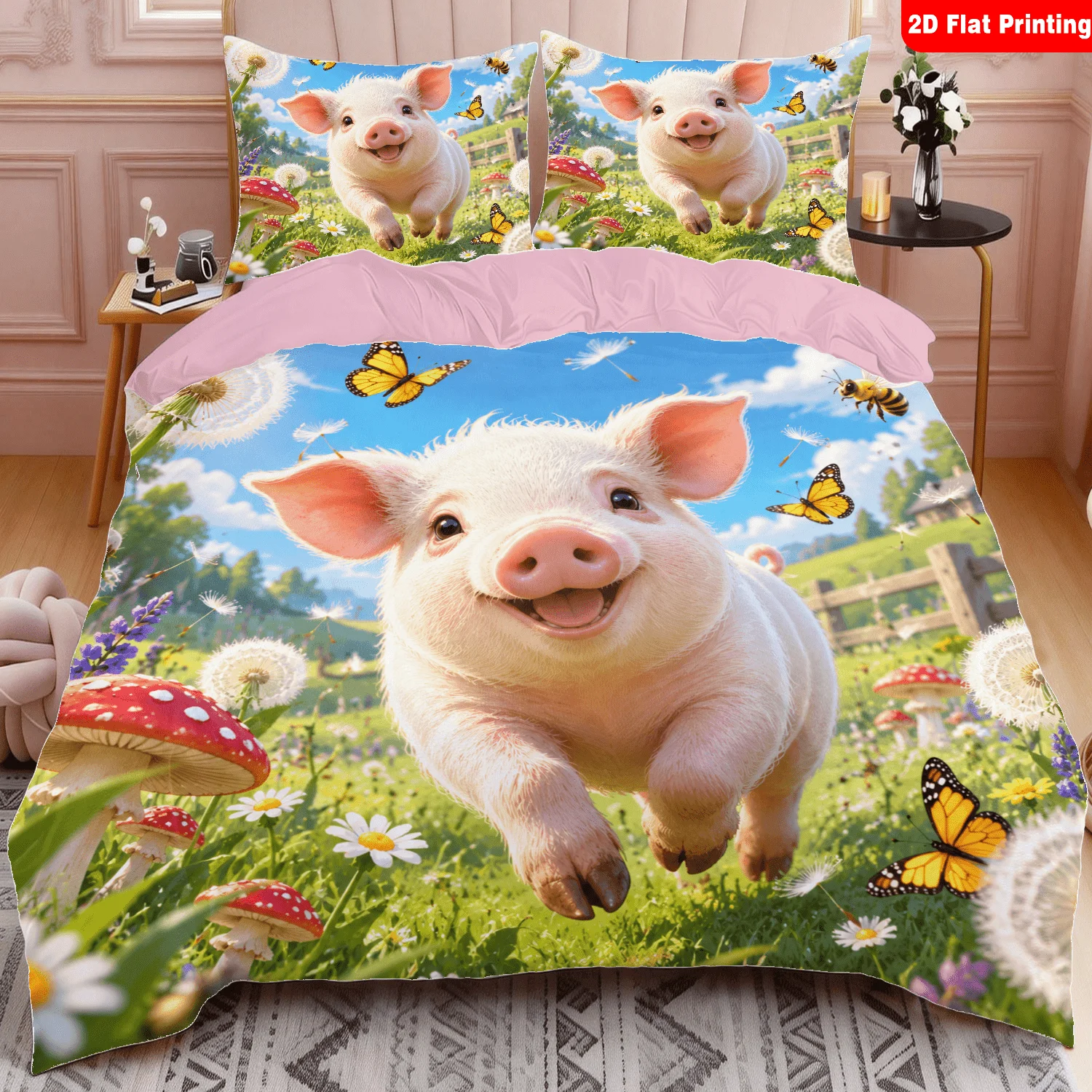 Kids Pig Duvet Cover Lovely Cartoon Piggy Comforter Cover Kawaii Farm Animal Quilt Cover Rustic Country Plant Floral Bedding Set