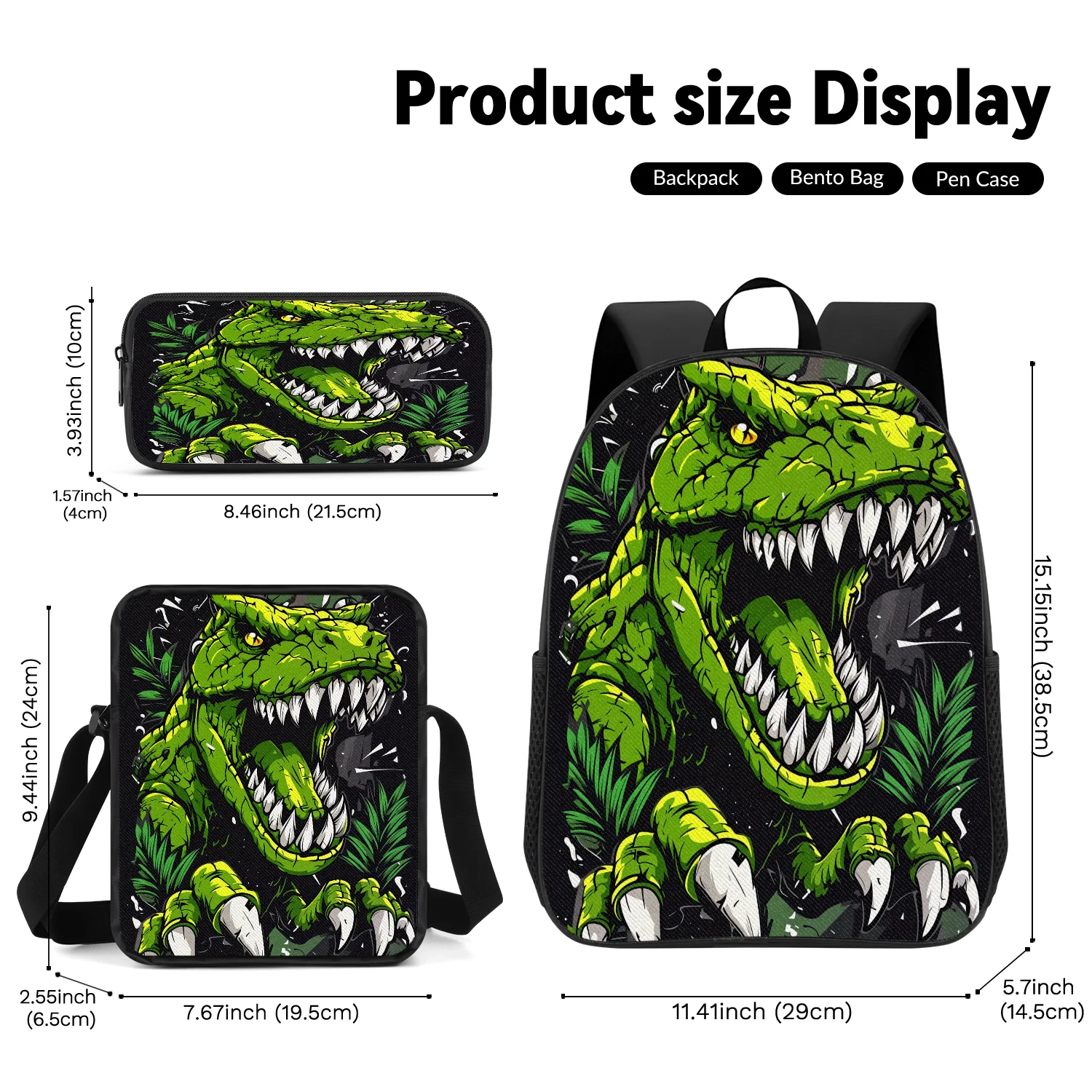 3-Piece Green T-Rex Print Backpack Set, Includes Backpack, Crossbody Bag and Pencil Case, Lightweight, Unisex