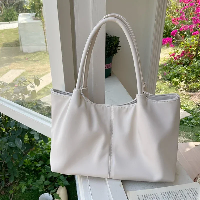 Simple White Shoulder Bag 2026 Women's PU Leather Soft Underarm Tote Bag School Large Capacity Bag Full Student Shopping Handbag