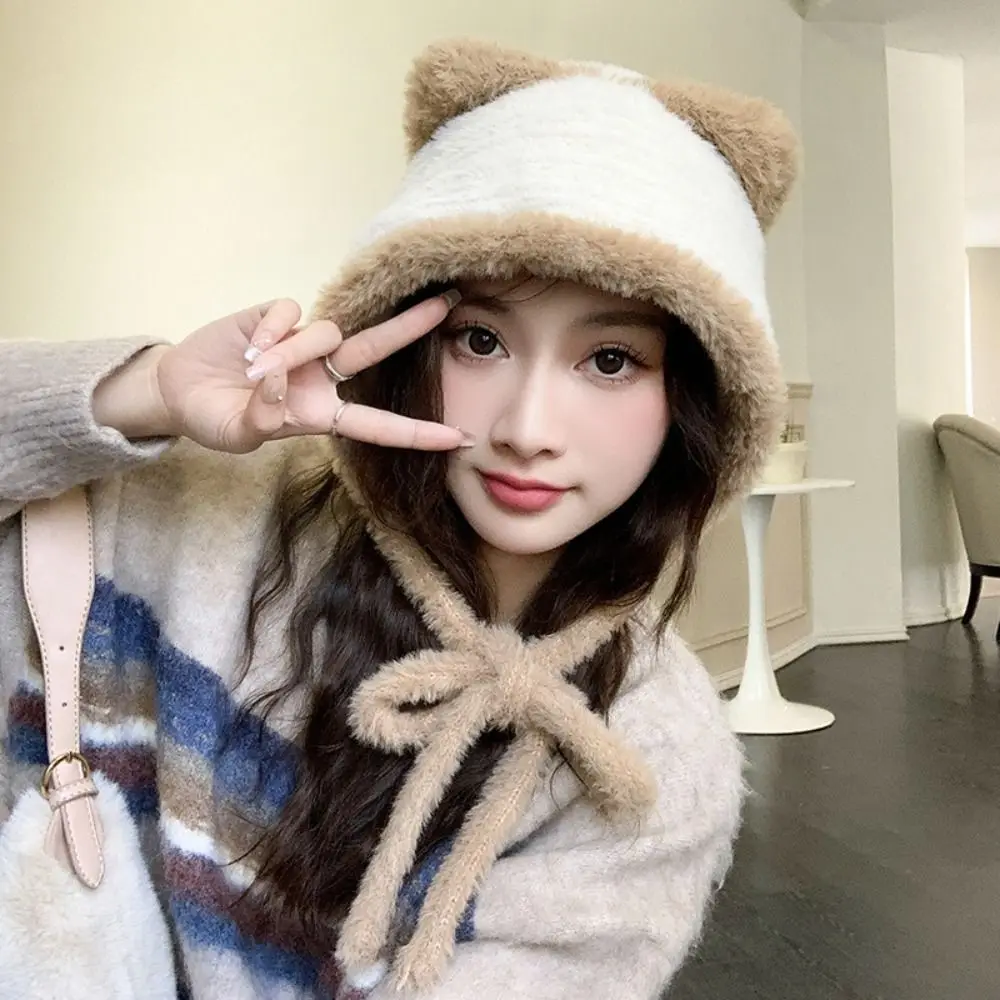 Fashion Korean Style Cute Cat Ear Hat Warm Plush Faux Fur Bucket Hat Casual Ear Protection Women Fluffy Hats Outdoor