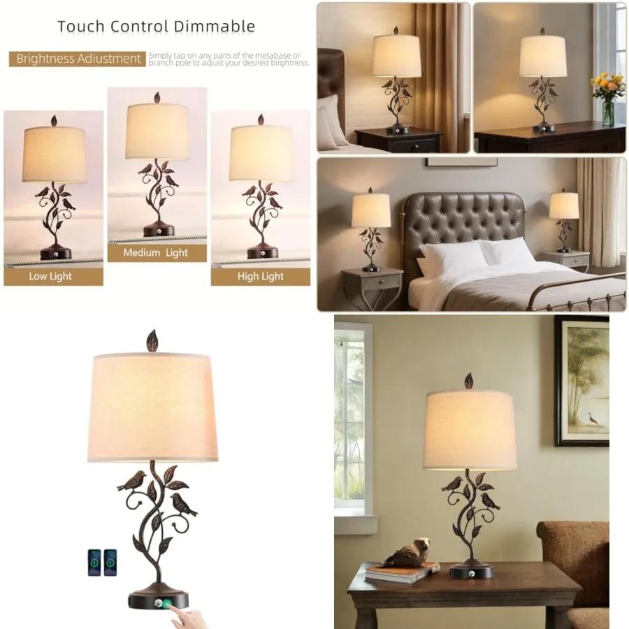 

27" Touch Farmhouse Table Lamps for Living Room with 3-Way Dimmable 2 USB Ports, Vintage Rustic Iron Leaf Nightstand Lamp for B
