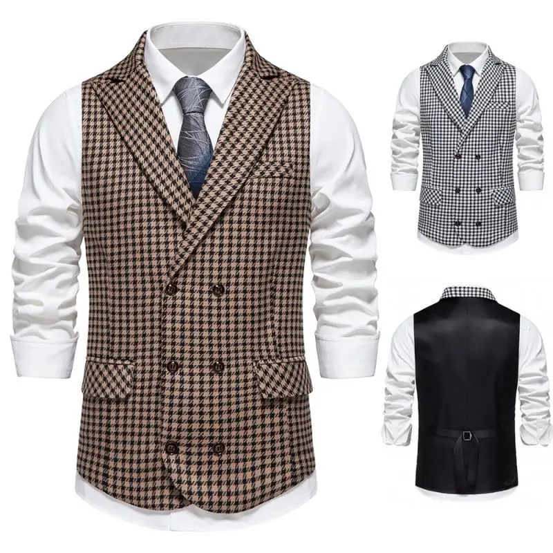 

European Men's Double Breasted Buckle Gun Collar Vest Casual Classic Plaid Color Blocking Men's Suit Retro Vest