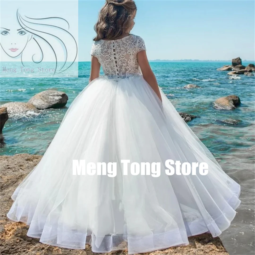 

Customized Weddings Tulle Flower Girl Dresses Appliqued Boho Short Sleeve For Puffy Party First Communion Pageant Gown