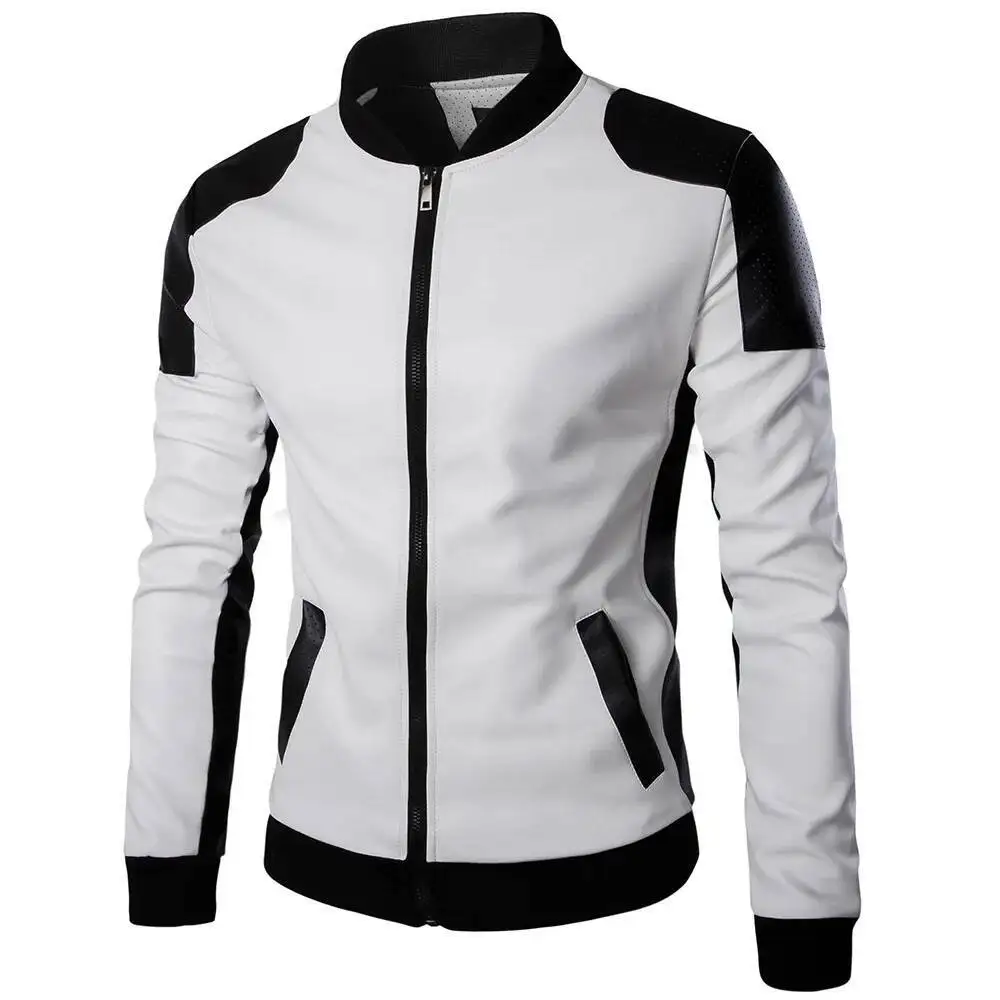 

Plus Size 5XL-M New Men Stand Collar Black White Color Matching Casual Fashion Racing Clothing PU Leather Jacket