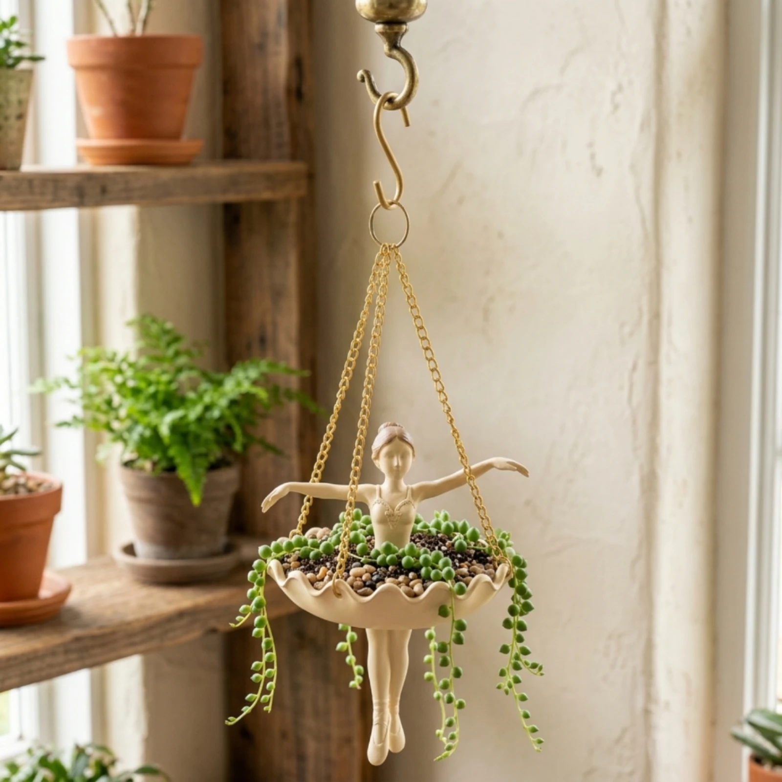 Ballerina Planter Artistic Sculptural Planter Hanging Flower Pot with Chains Lightweight Hanging Basket with Chains Compact