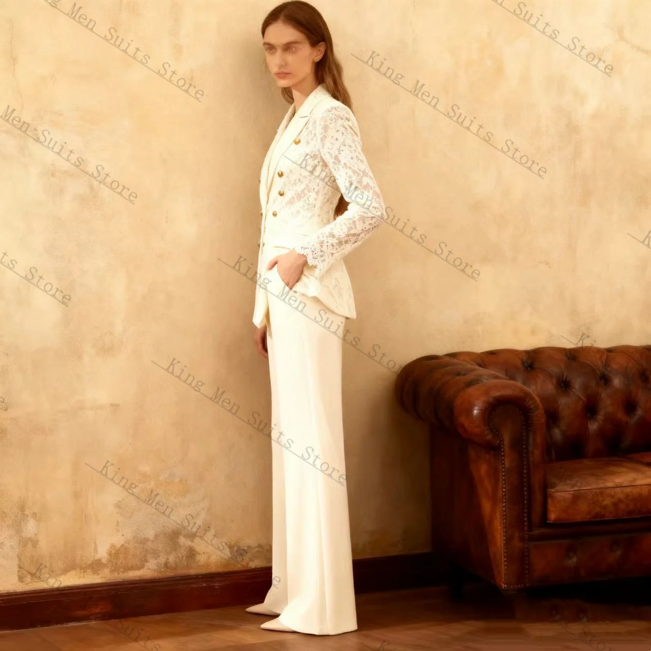 

White Lace Women Suit Set 2 Pcs Blazer+Straight Pants Catwalk Cotton Customized Formal Office Lady Wedding Tuxedos Coat Jacket