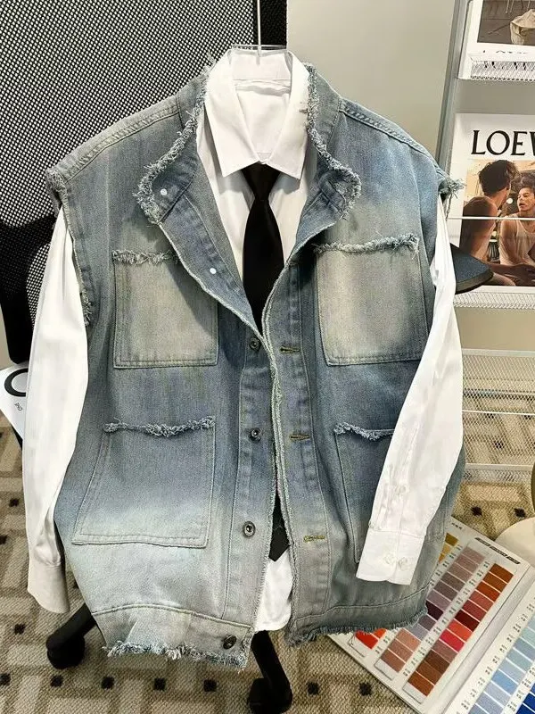 

Waed American High Street Men's Denim Vest Trendy Brand Layering Jeans Jaet adient Frayed oulder Pad Vest