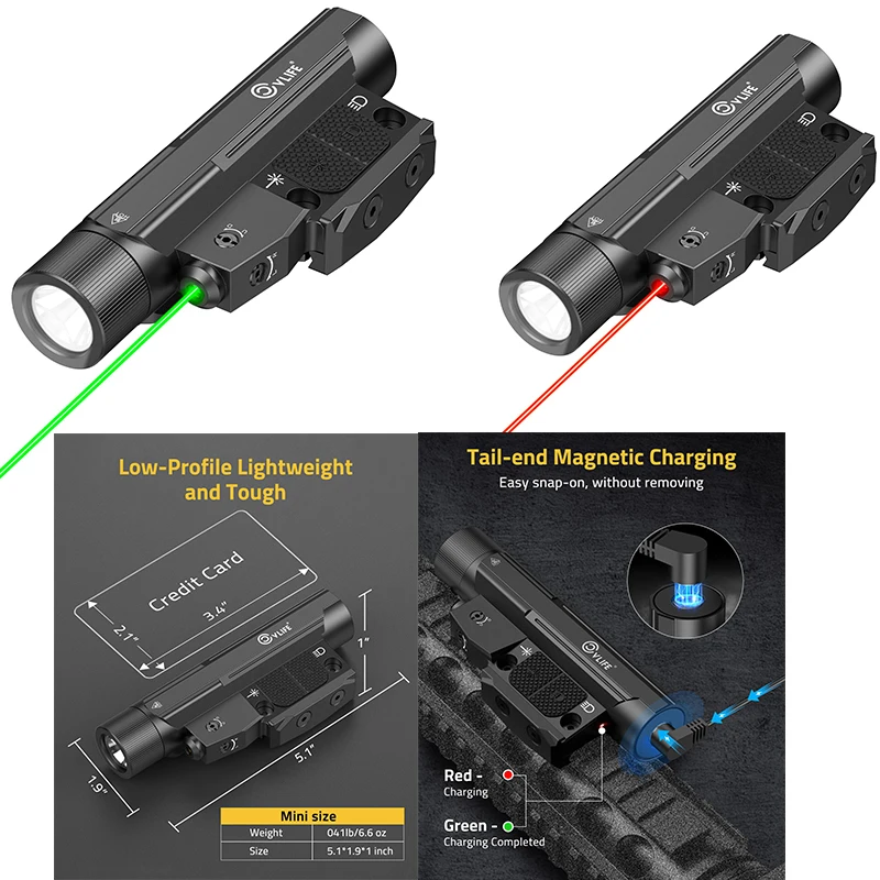 

CVLIFE 2600 Lumens Compact Laser Light Combo Compatible with M-Rail and Picatinny Rechargeable Flashlight Light for Hunting