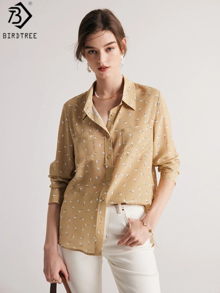 Birdtree, 100% Real Silk Printed Blouse, Women Sand Washing Double Crepe Shirt, Full Sleeve Loose Tops, 2026 Spring New T61833JF
