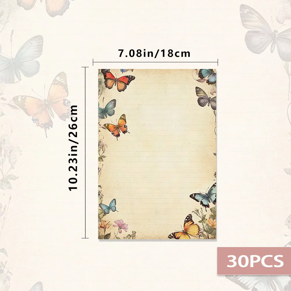 30 Sheets, Vintage Butterfly Pattern Themed Writing Paper, Lined, Glue-free, Perfect For Notebooks, Memos, And Stickers