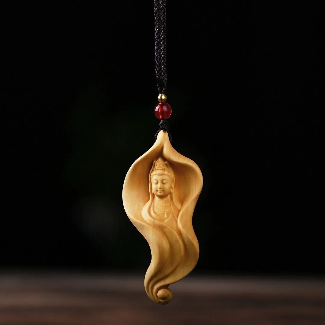 Yabai Wood Lotus Leaf Guanyin Carving Sacred Buddhist Amulet Peace Protection