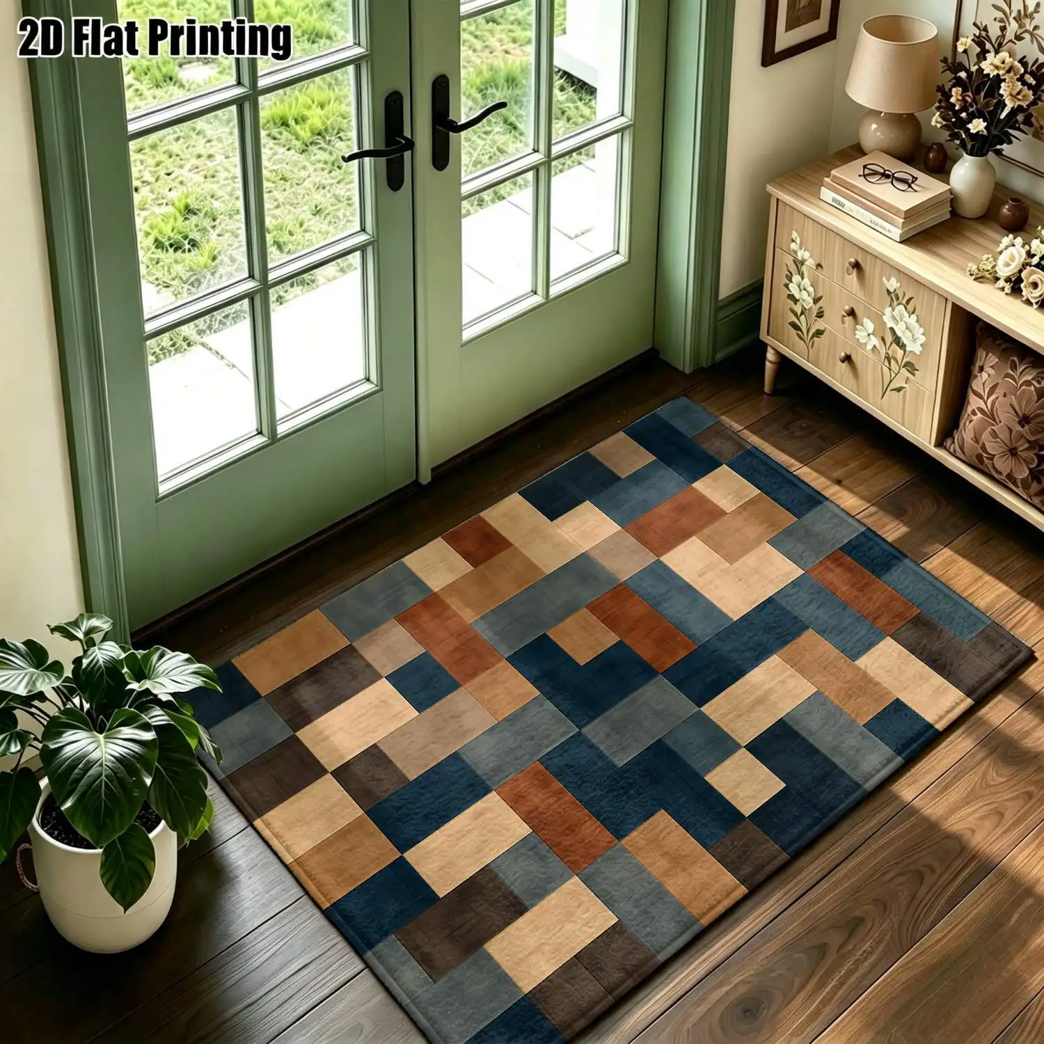 1Pc 2D Printed Carpet: Blue Brown Geometric Patchwork Nordic Modern Minimalist Vintage Rug, Multi-Size Machine Washable, for Home Decor, Entrance Dining Bedroom Living Room