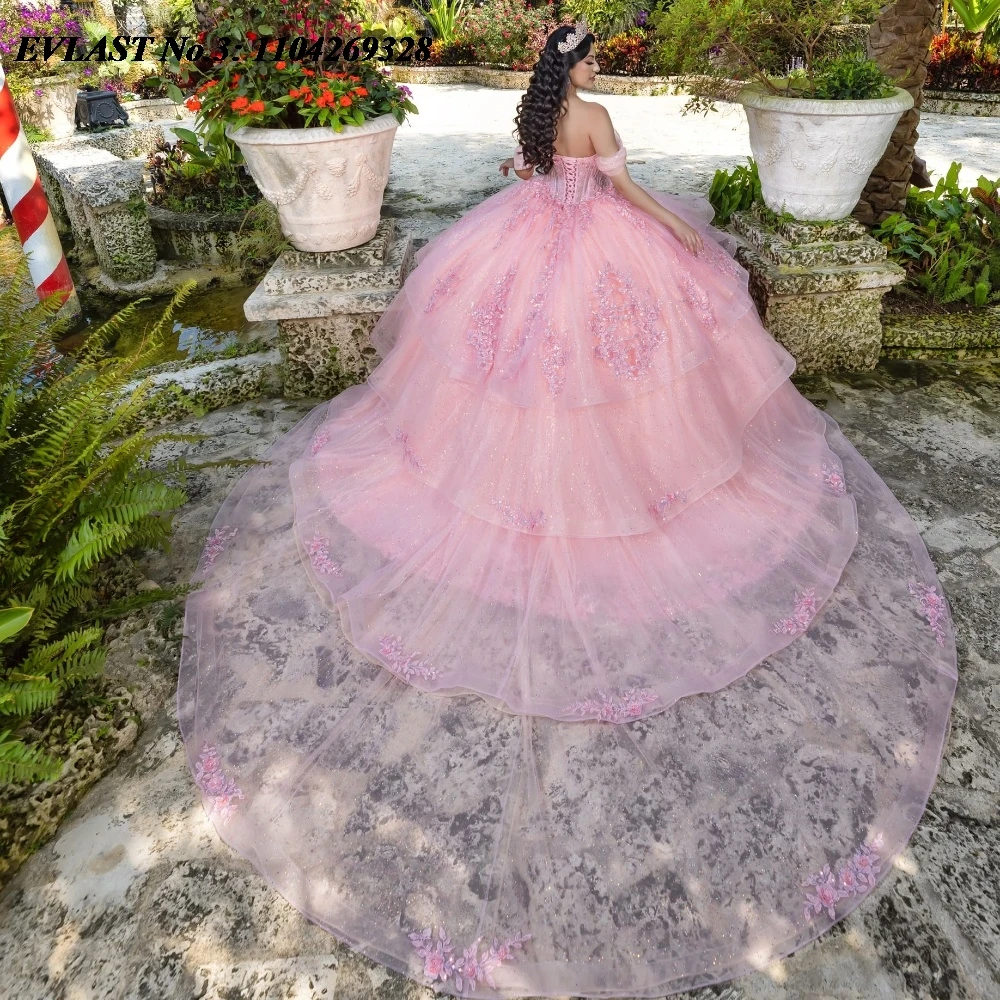 Evlast personalizado mexicano rosa quinceanera vestido de baile renda apliques contas cristal em camadas doce 16 vestido de 15 anos e3q255