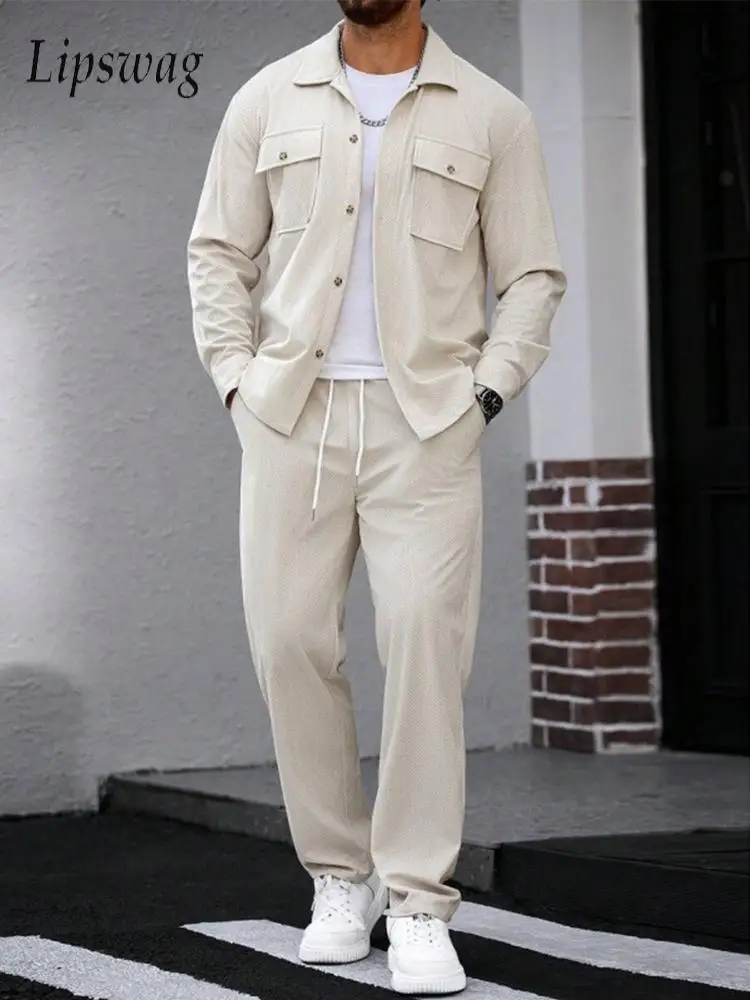 

Fashionable Men's Pockets Jackets Outfits Vintage Turn-down Collar Jacket Coat And Pants Two Piece Suits Men Spring Fall Sets