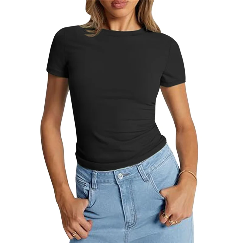 

NEW-Womens Basic T Shirts Crop Short Sleeve Y2k Tee Cute Gym Fashion Workout Clothes