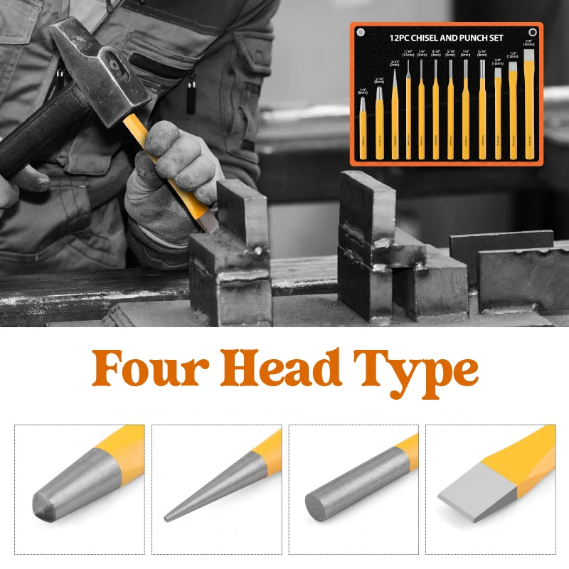 3/6/12pcs Punching Chiseling Set Chisel Sharpener Center Punch Stonecutter Chisel Woodworking Punching Tools Accessories