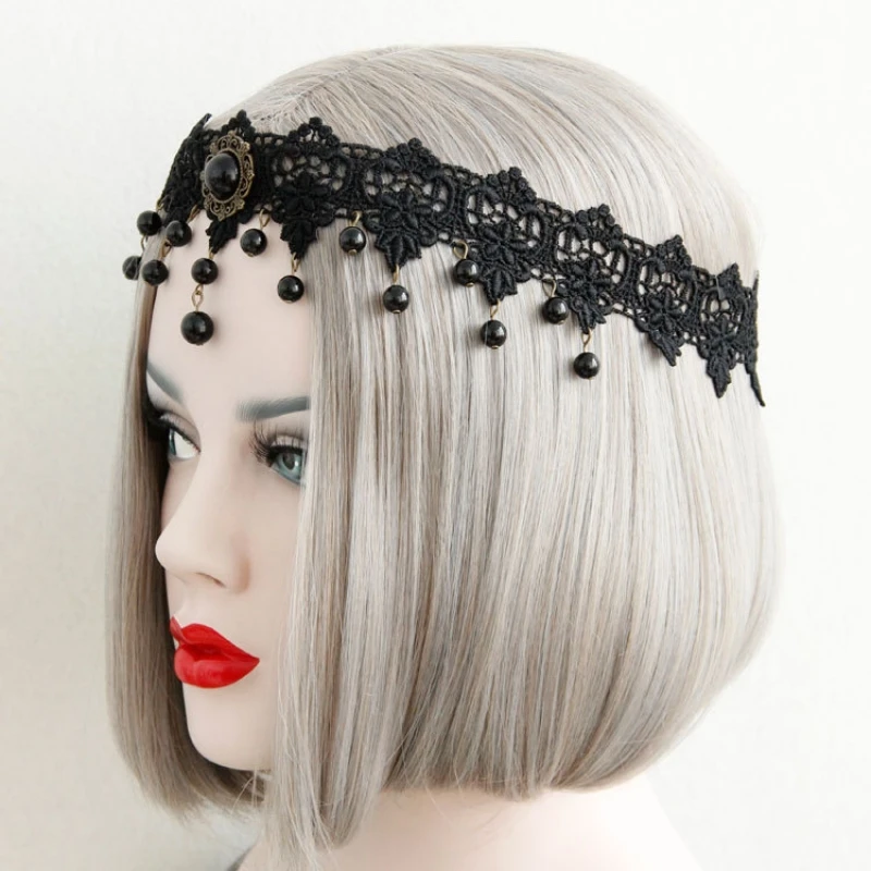 Gothic Black Lace Headband, Adjustable Witch Queen Halloween Cosplay Headwear Forehead Accessories with Rhinestone Pendant