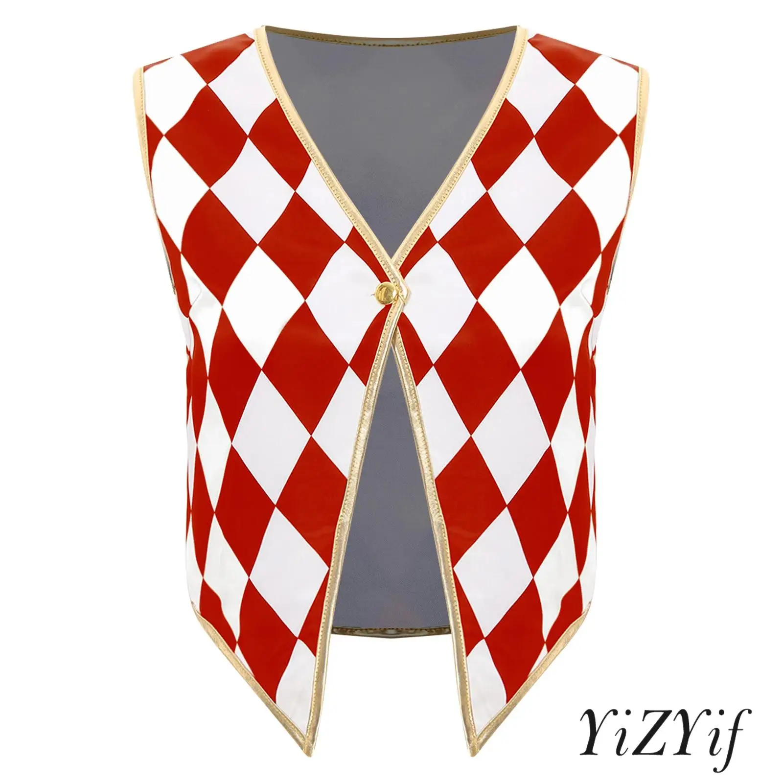 

Women Circus Ringmaster Cosplay Performance Costume Sleeveless V Neck Button Down Golden Trimming Irregular Hem Vest Waistcoat