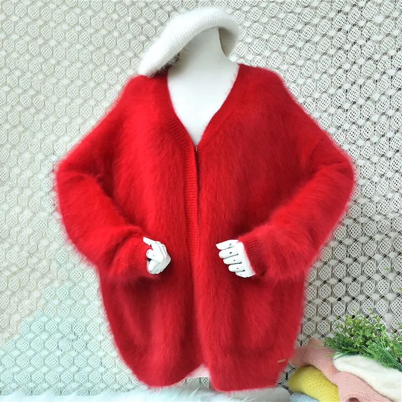 Ladies Women Autumn Winter Fashion Red Hairy Mink Cashmere Knitted V-Neck Long Sleeves Loose Cardigans Angora Sweater Coat Pull