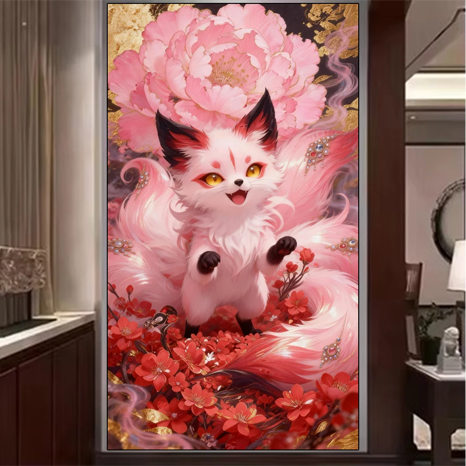 

Большая алмазная вышивка: Искусство крестикоменования 2026, Розовая лиса с цветами, Полная мозаика из страз, Декор для стен и дома