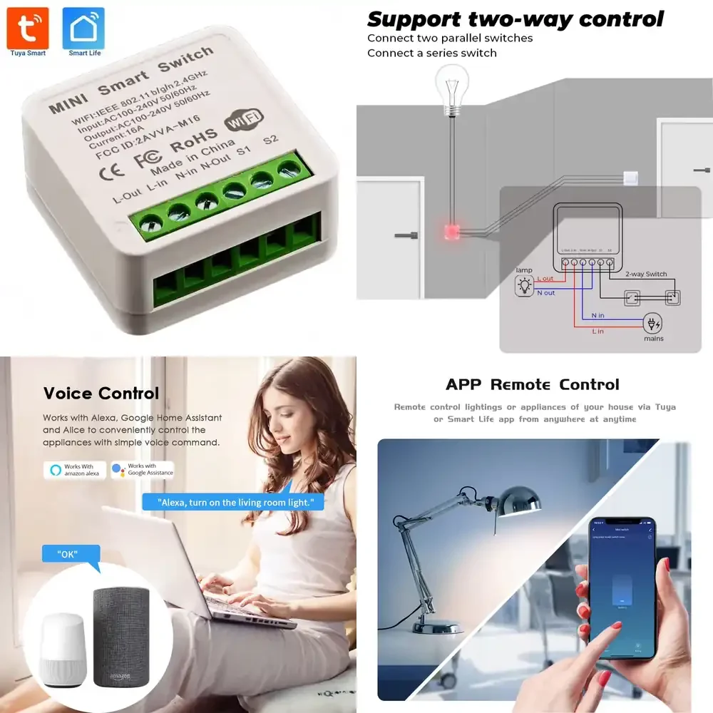 16A Mini WiFi RF433MHz Smart Switch for Smart Life 2-Way Control Relay Timer Wireless Automation Works with Alexa Google