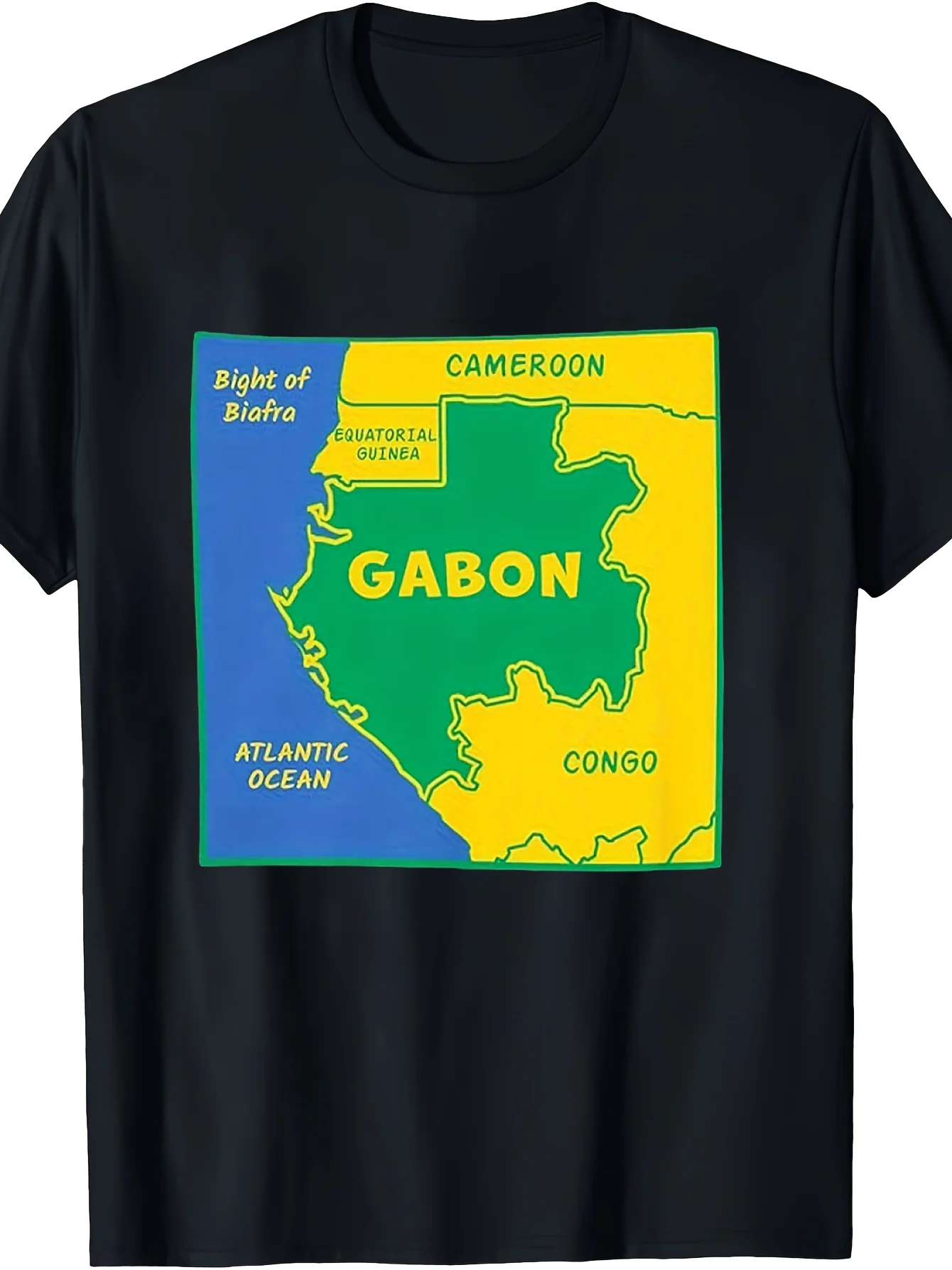 1pc, Men'S T-Shirt, with Gabon Political Map Design - Bright Yellow-Green Flag Colors, Neighboring Countries (Cameroon, Congo),