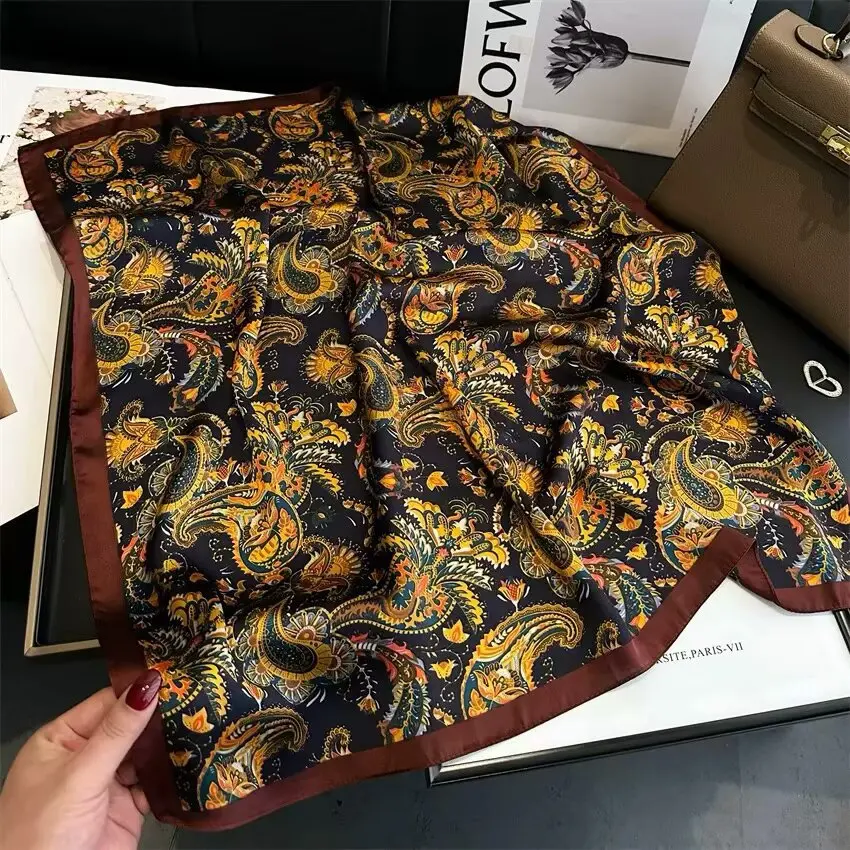 2026 New Retro Print Cashew Scarf Women Simulated Silk Hijab Versatile Neckerchief Satin Shawl Bag Ribbon Headband Wraps Bandana view 3