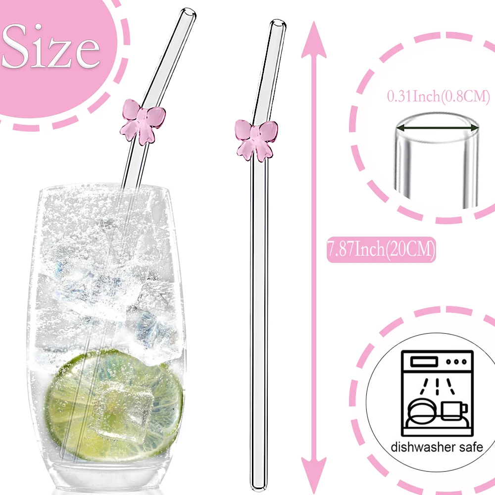 مجموعة قش زجاجية شفافة مكونة من 6 قطع، مقاومة للكسر مع لمسات فيونكة وردية ساحرة، قابلة لإعادة الاستخدام للعصائر والحليب والشاي والي