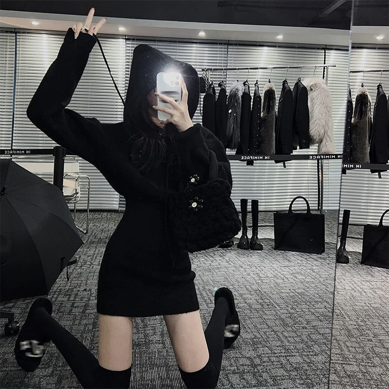 MEXZT Streetwear Knitted Mini Dress Women Hooded Sweater A Line Dresses Winter Korean Solid High Waist Slim Casual Vestidos New