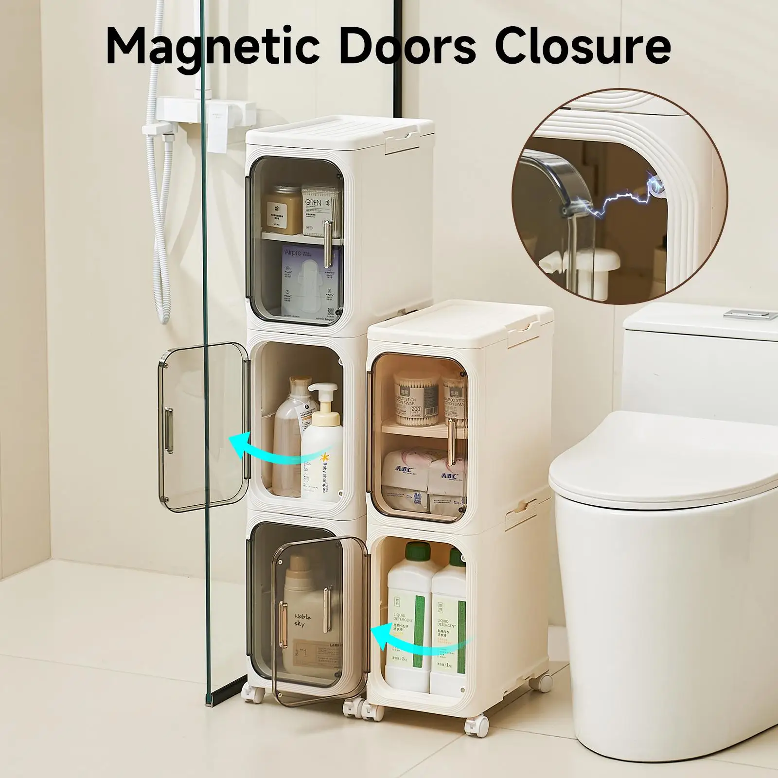 Slim Bathroom Storage Cabinet Narrow Toilet Organizer Rack 1-4 Layer Plastic Tall 50 Inch Floor Unit with Door Adjustable Shelves Movable Wheels Foldable Stackable Space Saving Crevice Shelf for Tight Corners