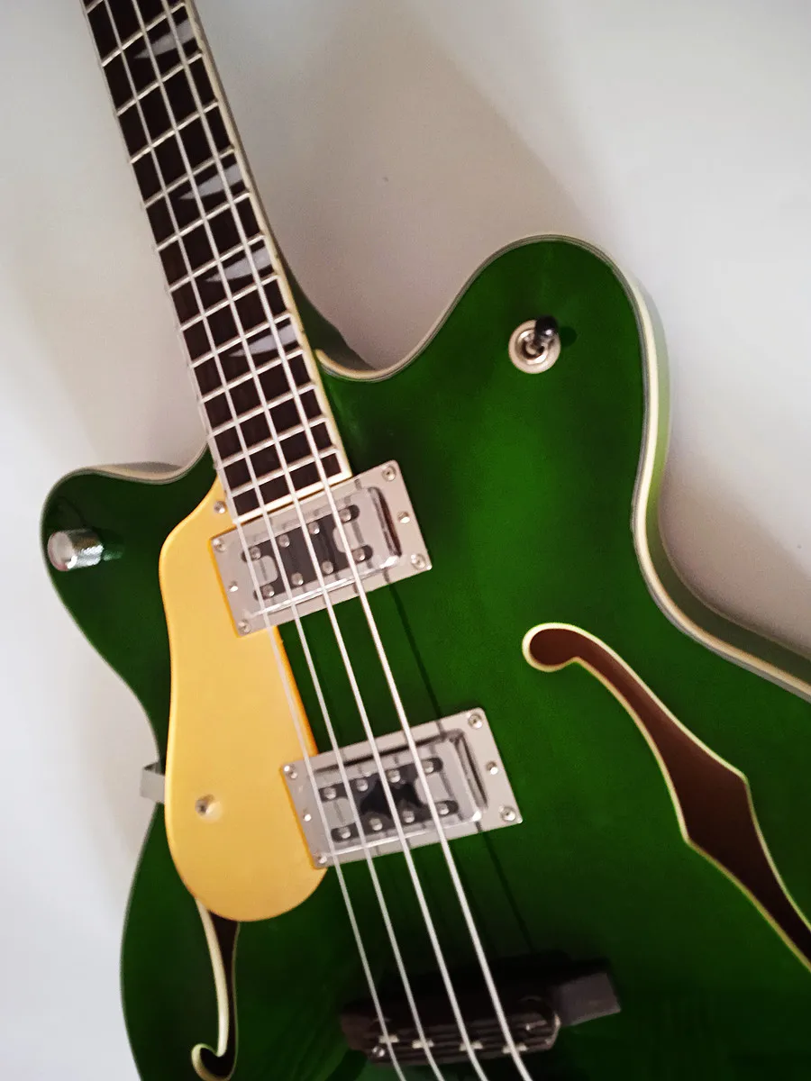 Left-Handed 4-string Bass Electric Guitar  Clear Green gloss Semi-hollow 2V1T 3 Way 775mmhigh quality