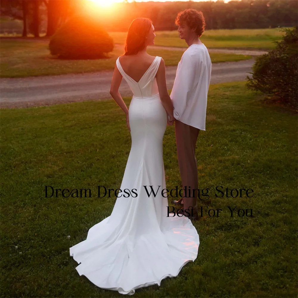 DREAM V-Neck Mermaid Pleat Wedding Dress Women Open Back Spaghetti Straps Sweep Train Bridal Gown Vestidos De Noiva Customized