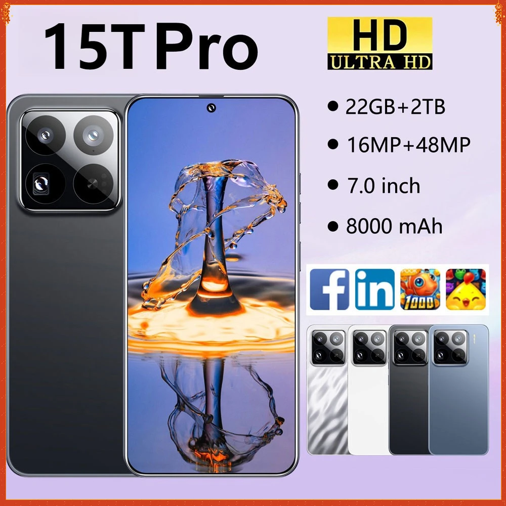 2026 nouveau 15T Pro Smartphone 5G 7.0HD 22G + 2TB double carte SIM téléphone portable Android 8000mAh débloqué téléphones mobiles Version mondiale