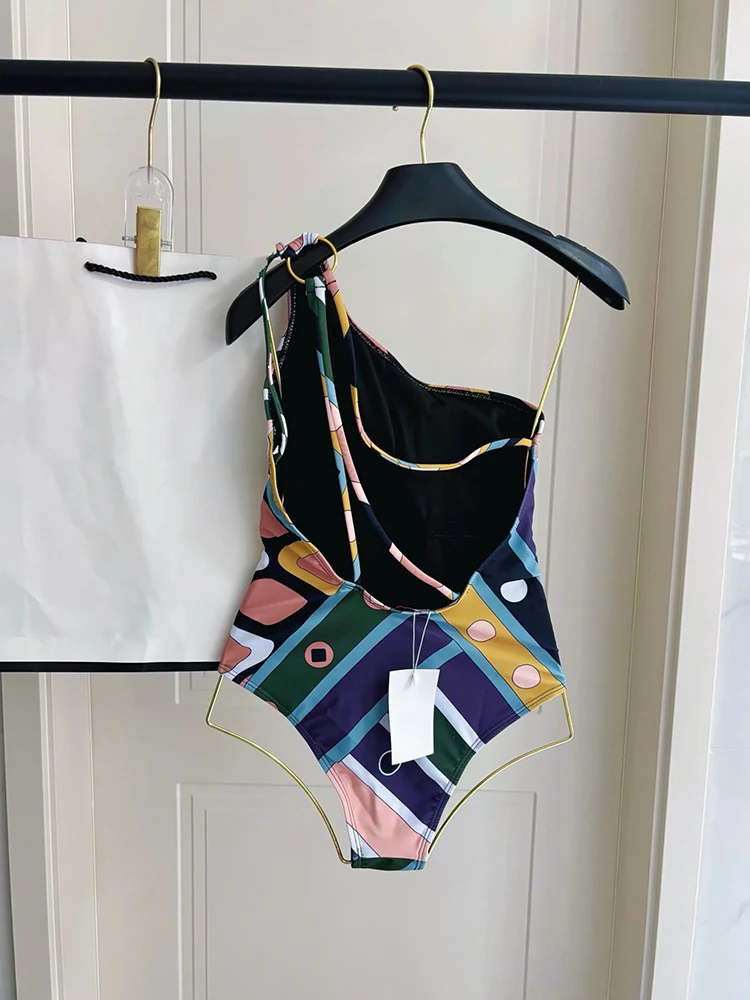Summer Fashion Beach Vintage Geometric Printing One-piece Swimming Suit Women's Party Sexy One-Shoulder High Waist Slim Romper