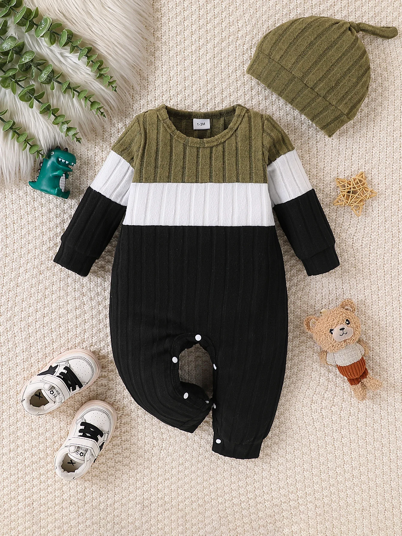Baby Knitted Onesie Set Two-Piece Fresh Forest System Color Block Stripes Snap Bottom Soft Knitted Comfortable Warmth