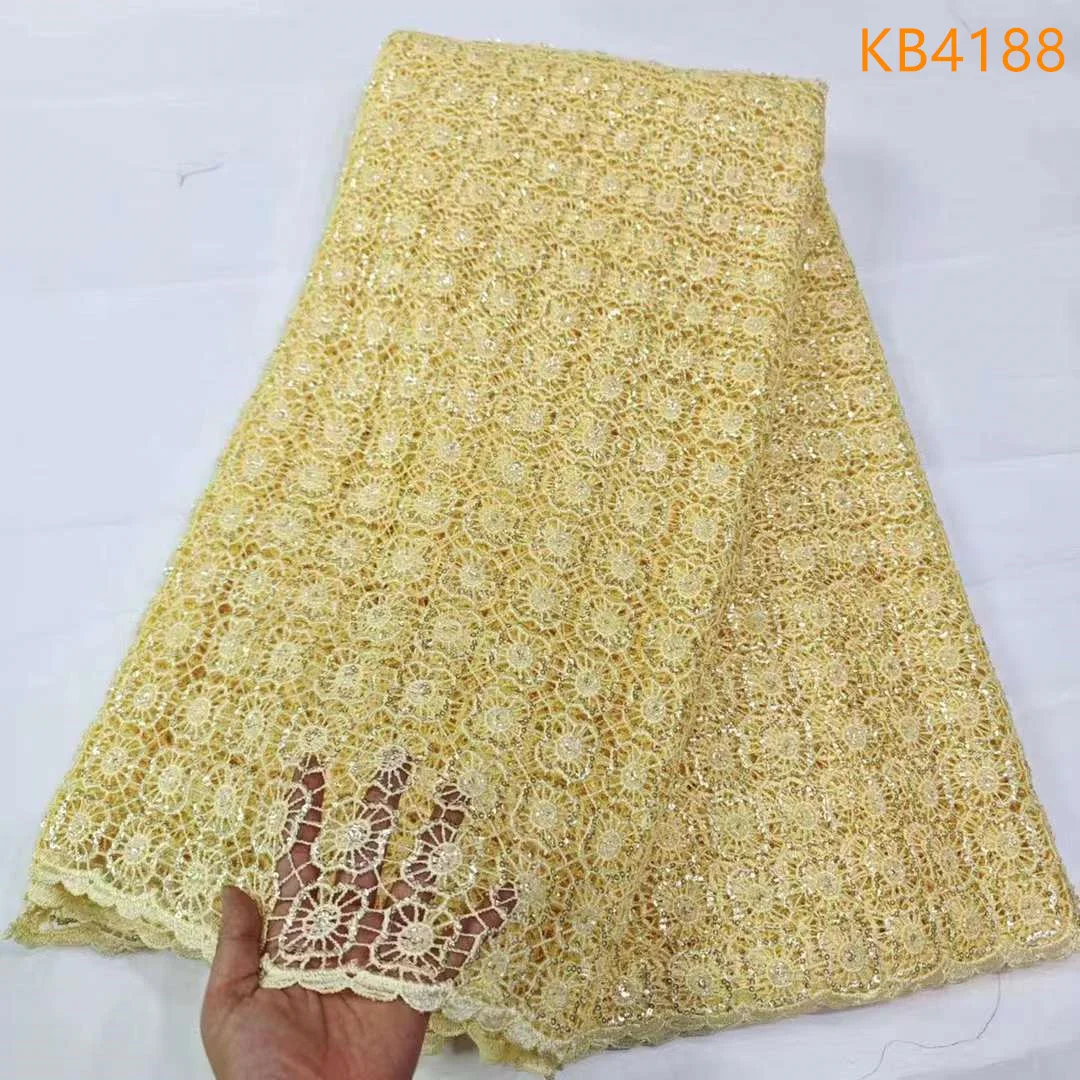 

2024 African Sequence Cord Lace Fabric 5 Yards High Quality Gold Sequins Cord Guipure Lace Fabric For Wedding Party Dress KB4188