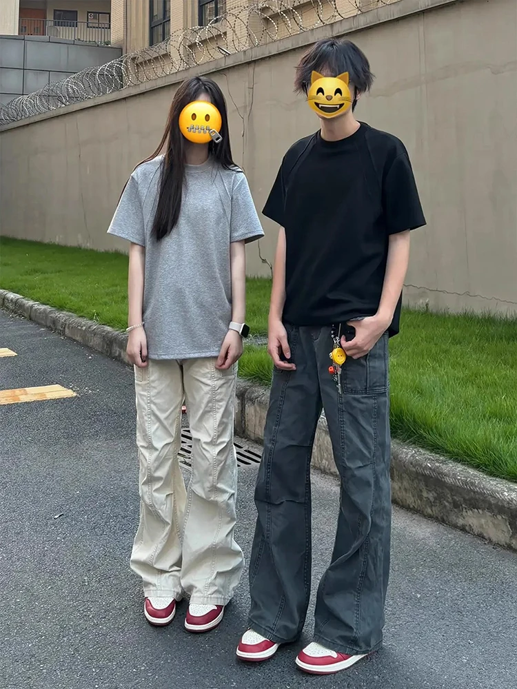 

Американские рабочие брюки Bell Bot для мужчин и женщин, летние плиссированные брюки OOTD для пар, прямые повседневные брюки