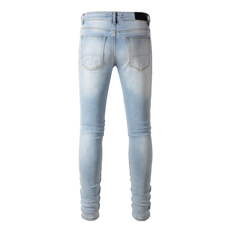 American School Jungen High Street Distressed Blue Holes Leder Black Ribs Patchwork Moustache Stretch Skinny Ripped Jeans