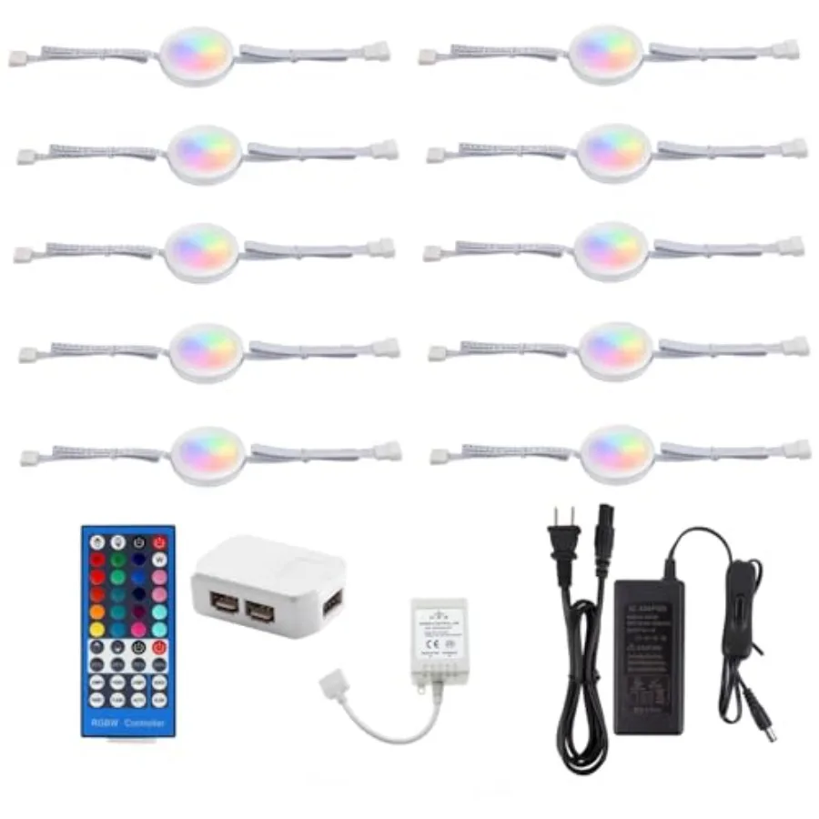 

24V Under Counter LED Lights RGB+White Under Cabinet Lighting Linkable Color Changing Puck Lights Dimmable with Wireless 40-Key