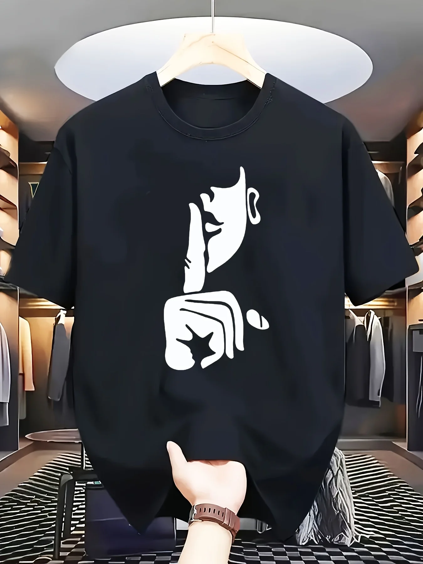 

Men's casual pattern T-shirt in black with white stop gesture print, light summer round-neck top