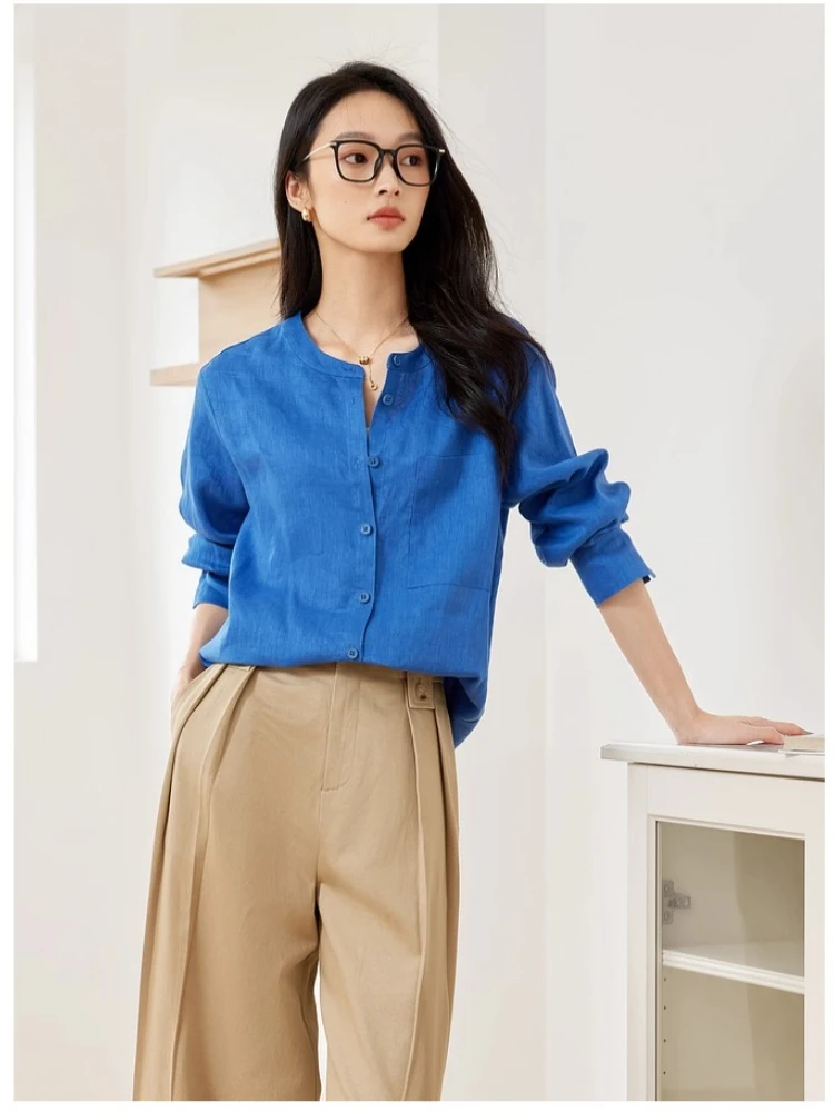 

VIMLY Blue 100% Linen Female Long Sleeve Shirts Autumn Women's 2025 Loose Stand Collar Office Ladies Button Woman Tops M8538