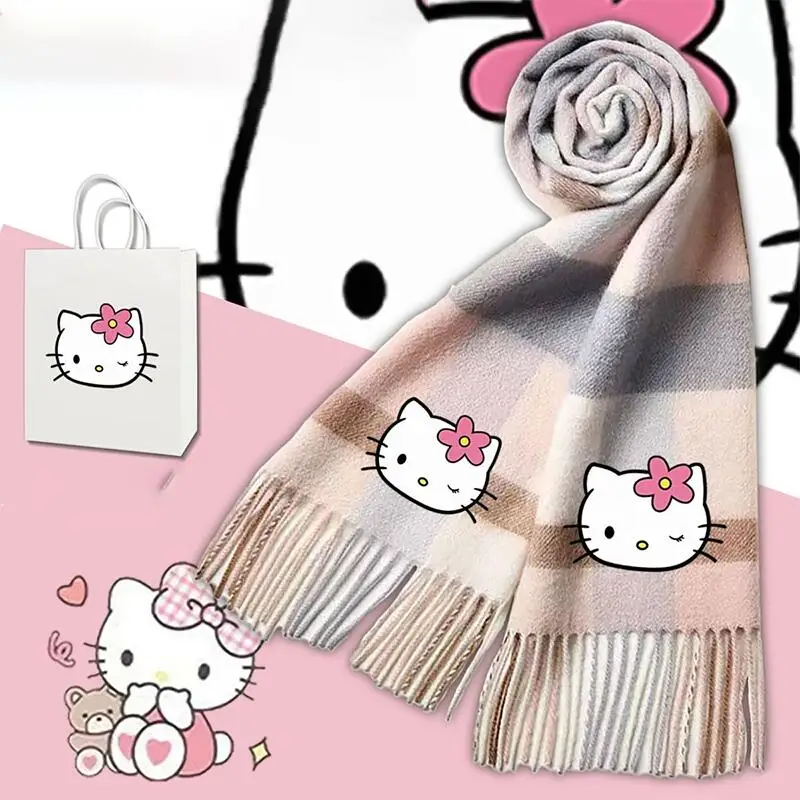 

Sanrio Hello Kitty шарф для девочек, длинный стиль, сохраняющий тепло, зимний утолщенный универсальный кавайный аниме-мультяшный модный новый стильный повседневный шарф