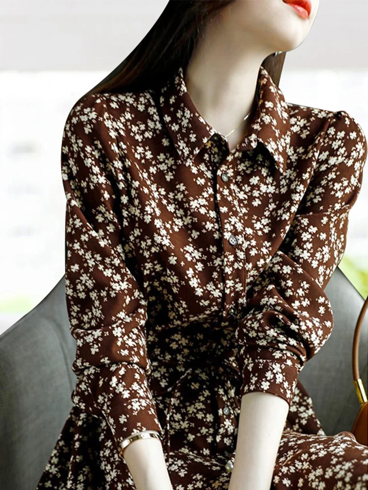 

Ele Long Sve Floral Print Dr Женское платье-миди трапециевидной формы с высокой талией, хлопковая весенне-осенняя одежда для поездок на работу