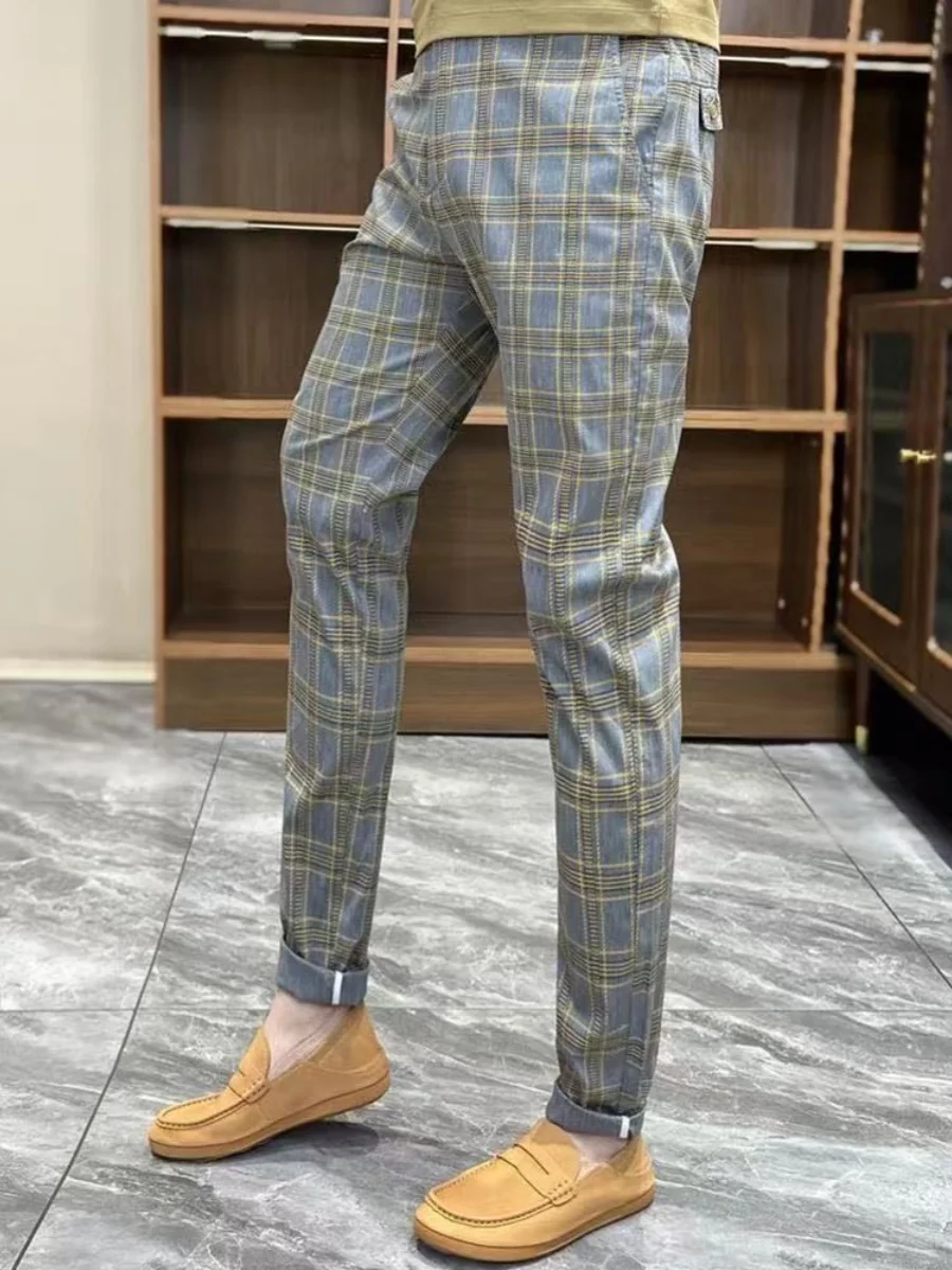 

Новинка весны 2024, мужские повседневные брюки в клетку, облегающие брюки Busin West, эластичные цветные блузки, узкие леггинсы, молодежная повседневная одежда