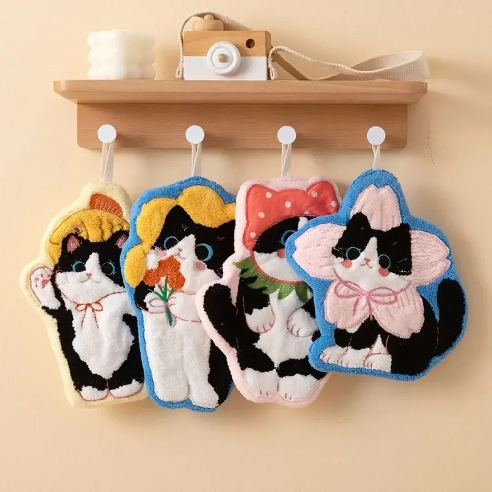 Cute Cat Hand Towel Coral Fleece Strong Water Absorption Bathroom Kerchief Hanging Style Soft Washcloth Kitchen